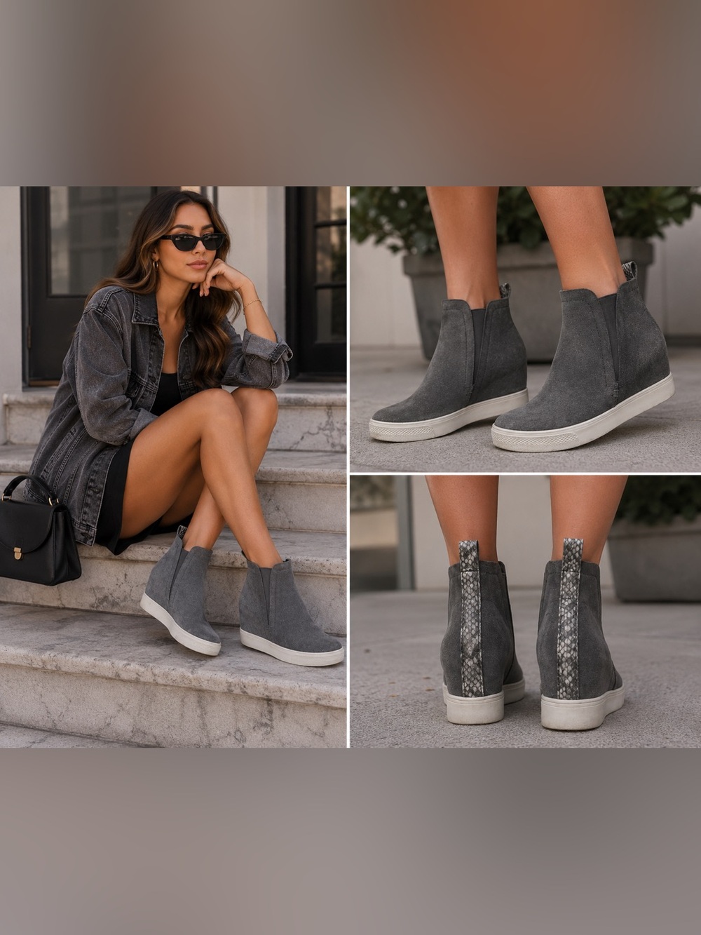 Dolce Vita Gray Suede Hidden Wedge Sneaker Booties Snakeskin Heel Size 7.5